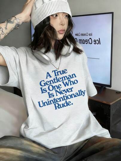 女士宽松圆领短袖字母卡通印花T恤，春夏款