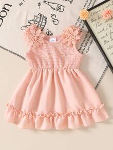 2件套女婴休闲优雅可爱柔软舒适3D立体花朵装饰蕾丝荷叶边针织吊带公主裙，适合夏季日常穿着、度假、派对、拍照、户外活动等场合。 - 彩色 - 查看 4