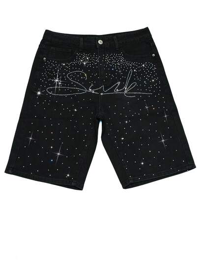 Men's Summer Fashion Rhinestone Decor Slant Pocket Denim Shorts