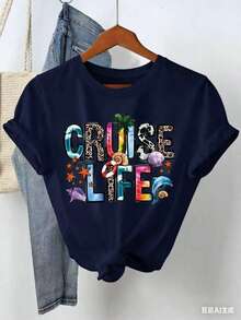 Women "Cruise Life" Summer Vibe Letter Print Short Sleeve Crew Neck T-Shirt-White And Navy Off-The-Shoulder Cropped Top Thanksgiving And Christmas - 藏青色 - 查看 3