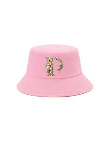 1顶女童粉色花卉字母图案渔夫帽，26个字母个性化时尚款，复古优雅轻便防晒，适合生日、节日、返校、四季休闲、户外、日常佩戴 - 粉色 - 查看 26