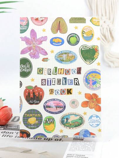 1 Copy Girlhood Sticker Book, Fruity Icons & Pastel Letters Tickets, DIY Scrapbooking Journaling Handbook Decoration