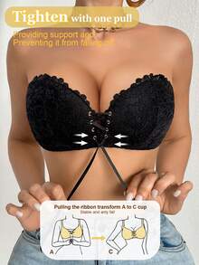 mimilemon 女士黑色蕾丝无肩带钢圈文胸 - 抽绳收拢设计，透气舒适，适合度假穿着 - 黑色 - 查看 2