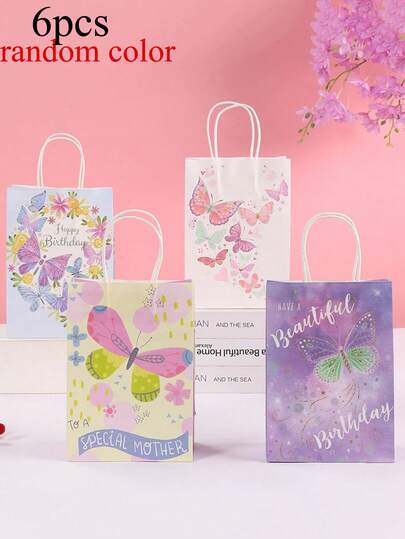 6/20个装花卉印花牛皮纸礼品袋，图案购物袋，适用于派对、生日、节日、婚礼、情人节、礼品袋、牛皮纸手提袋、购物袋、新娘送礼会礼品袋