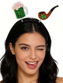 1 pieza Diadema adorable de fiesta con trébol de dibujos animados, retro y linda, de tela no tejida 3D, accesorio verde para el Día de San Patricio - Multicolor - Ver 4