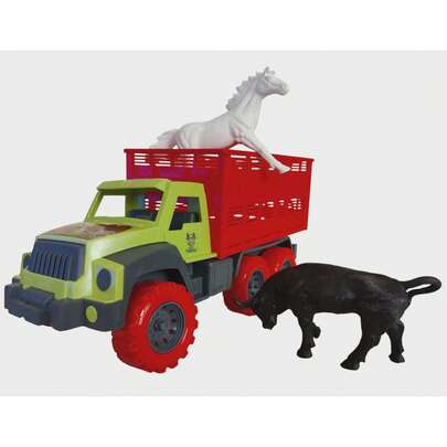 juguete camion ganadero con redilas , caballo y toro