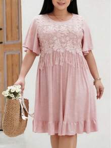 女士优雅波西米亚风蕾丝拼接连衣裙，春秋季 - 粉色 - 查看 2