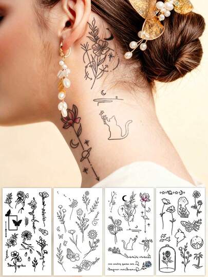 Black Floral Temporary Tattoo - Fresh Plant Flower Butterfly Daisy Pattern Temporary Tattoo Sticker, Suitable For DIY, Anime Festival, Carnival, Music Festival, Valentine's Day, Party Holiday Gift, Waterproof Realistic Tattoo For Wrist, Ankle, Shoulder, Neck, Collarbone, Body Skin