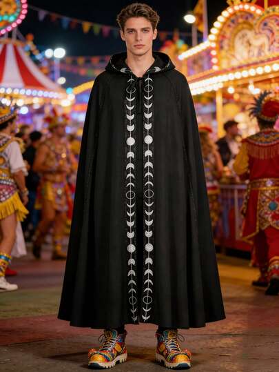 Men's Retro Medieval Renaissance Cosplay Cloak, With Sun And Moon Print, Suitable For Carnival Party