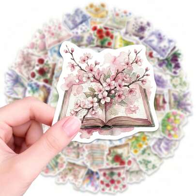 56pcs Book & Flower Sticker Pack - Watercolor Diary Stickers With Rose And Daisy Patterns, Suitable For Diaries, Planners And Arts & Crafts, Great For Journaling Enthusiasts And Students, For Diaries, Gifts And Spreading Positivity