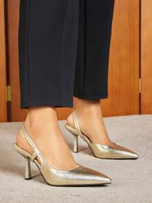 Women's Pointed Toe Chunky Heel Suede Pumps With Back Strap, Breathable Closed Toe High Heel Slingbacks For Summer - Gold - View 1