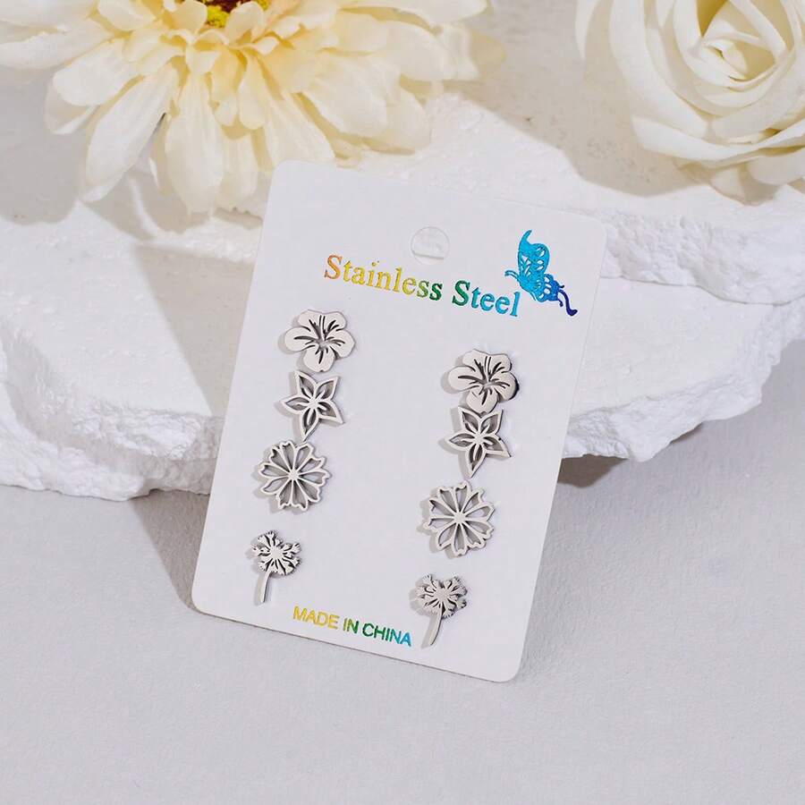 4 Pieces/ Lot.,Various Flower Designs, Such As Five-Petal Flowers, Star-Shaped Flowers, Dandelion Flowers, Etc. Hollow And Design. Simple Lucky Small Flower Jewelry. Suitable For Parties And Dates. - 2ZH011 - View 1