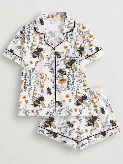 Marira 2pcs Bee & Floral Print Women Pajama Set, Short Sleeve Shirt With Lapel Collar Button And Loose Elastic Shorts, Fashionable Sleepwear/Loungewear Set For Outdoor/Indoor Casual Wear, All Seasons