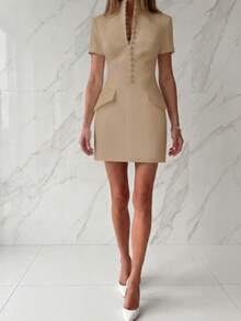 Vestido de blazer formal de negocios elegante con cintura ceñida, adecuado para uso diario, oficina, viajes de verano - Caqui - Ver 2