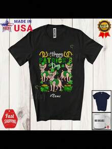 Name Happy St. Patrick's Day; Amusing Three Leprechaun Sphynx Cat Shirt - Black - View 1