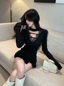 性感V领蕾丝边长袖修身镂空衬衫 - 黑色 - 查看 6