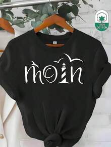 Fashionable Women'S Summer-Shirt, Lighthouse Print, 180G100% Fabric Black And White-Shirt In One Package - Regular Version,-Shirt, Comfortable And Elastic, Suitable Daily, Travel Leisure Summer1 Pcs Cartoon Letter Graphic Print-Shirt 200g Heavy% Polyester Filament Fiber Shirt - Black - View 2