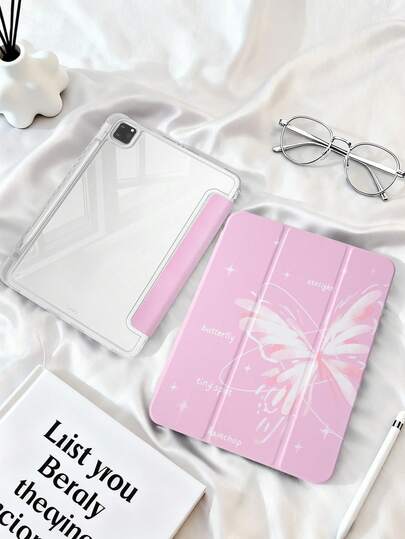 1pc Transparent Acrylic Tri-Fold Butterfly & Star Painted Flat Tablet Case, Compatible With Mini6/Mini7/Air/Air2/9.7/10.2/10.5/Air4/Air5/10.9/Pro11-In.(M2)-2024// Pro 11-In.(M4)-2024/ Air 11-Inch (M3) 2025/ (A16) 11 Inch 11th Generation 2025, Tri-Fold Stand, Built-In Pencil Slot, High Transparency Acrylic Back Cover, Anti-Drop, Sleep/Wake, Minimalist/Elegant/Cute Fresh/Casual Tri-Fold Protective Case. Product Does Not Include Pencil, Some Models Come With Lens Frame.