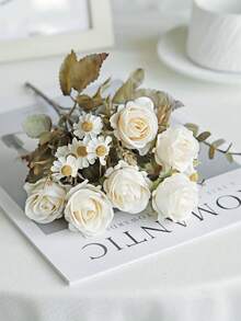 1/3/80pcs 11.41 Inch Artificial Rose Bouquet, Daisy, Eucalyptus Leaves, Suitable For Home Decor, Garden Decor, Wall Decor, Bedroom Decor, Wedding Decor, Dining Table Decor, Party Decor, Birthday Decor, Indoor & Outdoor Decor, Valentine's Day Gift, Llama Decor, Spring Decor, Valentine's Day Decor - Beige - View 4