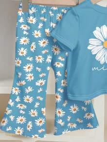 2pcs/Set Baby Girls' Casual Floral Print Short Sleeve T-Shirt And Elastic Waist Flare Pants Set, Summer Outfit For Baby Girl, 6-9M, 9-12M, 12-18M, 18-24M, 2-3Y - Blue - View 4