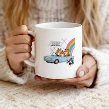Fox In Car With Rainbow And Squirrel Mug Coffee Tea Cup Gift For Animal Lover Funny Cartoon Design - 白色 - 查看 3