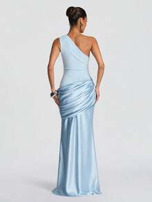Vestido de cóctel ajustado con hombro asimétrico elegante, diseño fruncido en la cintura y las caderas, adecuado para ocasiones formales, fiestas de cóctel, vestidos de dama de honor, fiesta - Celeste - Ver 10