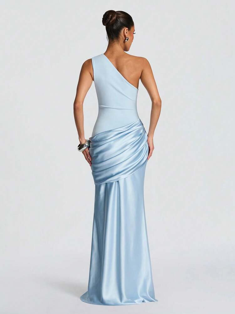 Elegant cocktailklänning med öppna axlar, rynkad midja och höft, lämplig för formella tillfällen, cocktailpartyn, brudtärneklänningar, bröllopsfester, vårfester - Babyblå - Visa 6