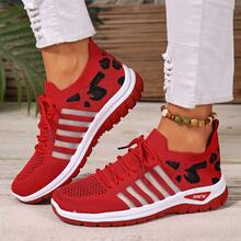 Women's Lightweight Non-Slip Breathable Leopard Print Fabric Lace-Up Low-Top Outdoor Casual Sports Shoes, Spring/Summer - Red - View 2
