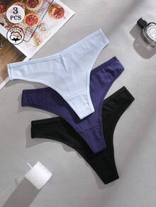 3条/套 纯色舒适棉质性感低腰女士丁字裤，适合情人节、春夏穿着 - 彩色 - 查看 5
