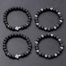 4 piezas Pulsera hecha a mano con cuentas de cristal negro mate con diseño de cruz retro punk a la moda, adecuada para cumpleaños, vacaciones, fiestas y uso diario - Negro - Ver 6