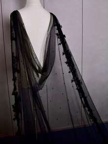 Black Bridal Cape Veil Pearl Beaded Wedding Veil Lace Edge Bolero Jacket Women Shawl Bride Accessories Wedding Coat - Multicolor - View 4