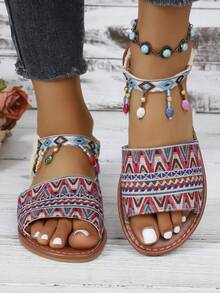 Giày sandal đế bằng kiểu La Mã Bohemian đính đá lấp lánh, thích hợp phối cùng chân váy, phù hợp cho mùa hè. - Đỏ - Xem 5