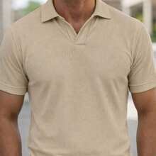 Kit Of 3 Textured Italian Polo Shirts Without Buttons, Slim Sleeves. - Beige, Beige and Beige - View 3