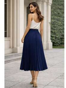 Casual Polyester Pleated Skirt, Casual Evening, Wedding, Office, Timeless - Màu xanh lam - Xem 4