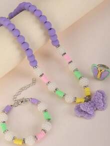 Pastel Beaded Butterfly Jewelry Set – Necklace, Bracelet & Ring Of 3pcs/Set For Girls Drees Up Suit - one-size - View 3