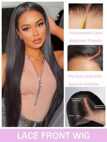 直发无胶假发，180%密度，直发蕾丝前假发，预先拔毛，预先修剪，4x4透明蕾丝闭合，即戴即走，女士假发，自然黑 - Natural Black - 查看 4