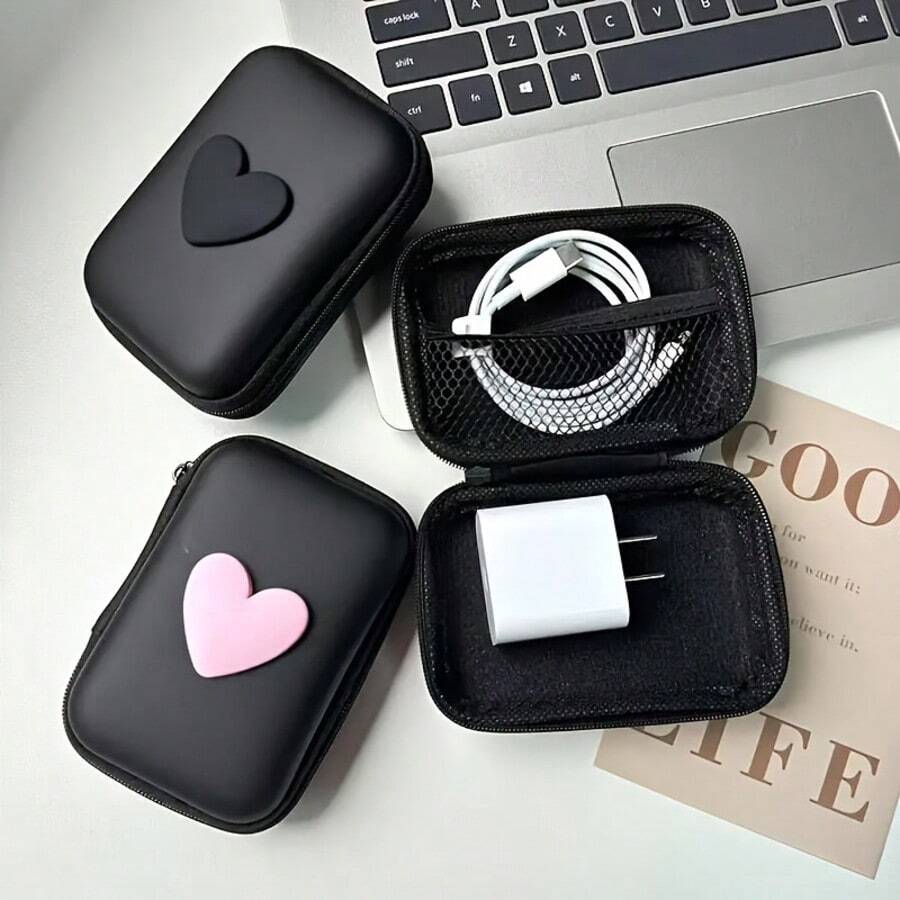 PU Leather Heart-Shaped Earphone & Charger Storage Case, Zipper Closure - Shockproof Design, Cable Organizer, Battery-Free