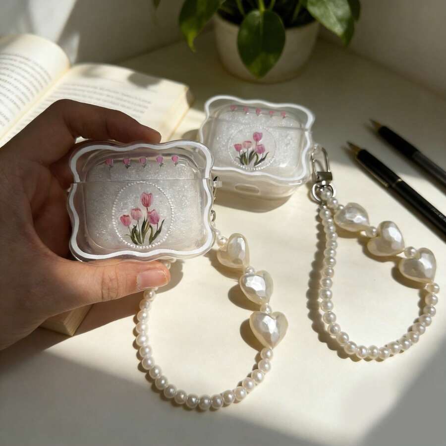 Transparent Wave Shell Pearl Tulip Pattern Protective Case Suitable Compatible With Apple Bluetooth Earphones, Anti-Scratch And Anti-Drop Cover Compatible With Apple Bluetooth Earphone Case - Clear - View 1