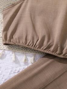 Left Mama 女童休闲斜肩吊带背心和直筒裤套装，日常百搭，夏季 - 棕色 - 查看 5