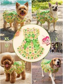1件圣帕特里克节三叶草印花狗狗连衣裙，双层蝴蝶结袖宠物公主裙，适合小型至中型犬（泰迪犬、博美犬等），作为节日焦点服装！ - 彩色 - 查看 2