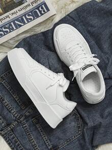 Men's Minimalist Solid Color Lace-Up Low-Top Casual Sneakers, Versatile For Daily Wear, Outdoor, Teenagers, Comfortable For Multiple Occasions - White - View 3