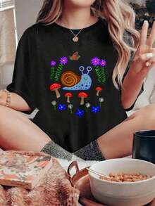 100% Cotton Happy Snail Cottagecore Flowers Mushrooms Spring T-Shirts Funny Printed T-Shirt Women,Comfortable Cozy Summer Styles, Suitable Womens' Daily Casual Wear - Black - View 1