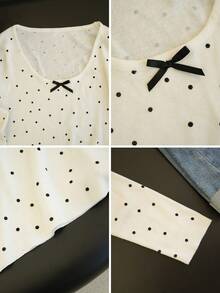 New Spring/Summer Polka Dot Knit Top With Bow Collar, Long Sleeve, Slim Fit, Versatile, Sweet & Youthful - White Background With Black Dots - View 8