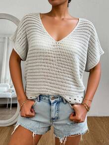 Women's Sexy Casual Deep V Neck Hollow Out Woven Fabric All Over Print Regular Length Sweater Vest - Apricot - View 3