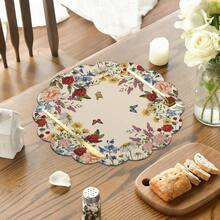 1 件/套，花卉蝴蝶春季亚麻餐垫，38 厘米圆形，季节性厨房和餐桌装饰，春季家居装饰，春季和婚礼家居装饰 - 彩色 - 查看 1