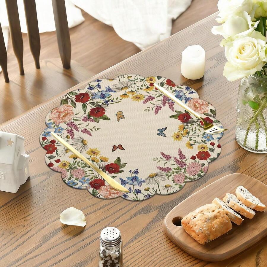 1 件/套，花卉蝴蝶春季亚麻餐垫，38 厘米圆形，季节性厨房和餐桌装饰，春季家居装饰，春季和婚礼家居装饰 - 彩色 - 查看 1