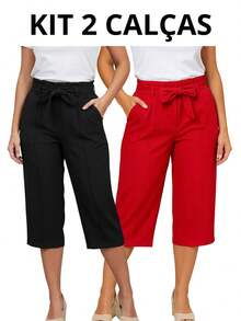 Tailored Pantacourt Trousers, Plain, High Waist, With Bow And Knot Pocket - 套件 2 紅黑 - 查看 2