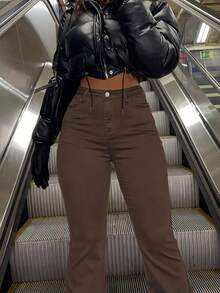 GILIPUR High-Waisted Flare Stretch Jeans, Brown Y2K Style Women's Pants, Elegant Casual Streetwear - Dark Khaki - View 5