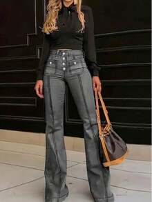 Women's Casual Wash Dark Blue Stretch Micro-Cropped Jeans With Pockets,Christmas Outfit Women,Thanksgiving Outfit Women,Old Money Style Women,Retro Millennium,Going Out Tops Women,Valentine's Day, - Xám - Xem 1