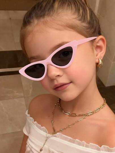 1副儿童（6-12岁）聚碳酸酯猫眼框眼镜，黑色粉色酷炫复古时尚眼镜，适合户外旅行、节日派对佩戴，附赠眼镜盒